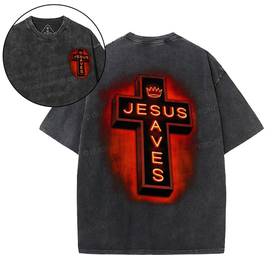 Jesus Saves Red Light Cross Christian Washed T-Shirt Sale - GuidingCross