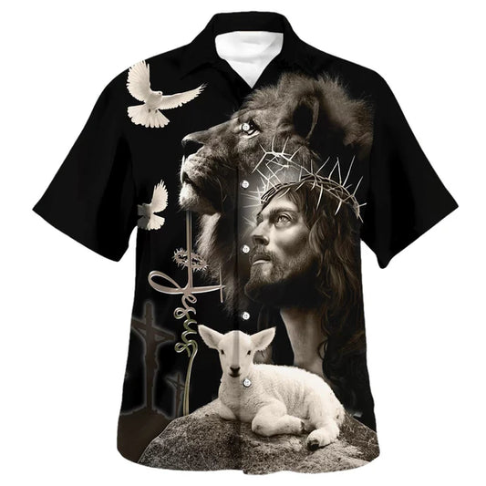 UniJames Jesus And Lion And Sheep Hawaiian Shirt - Christian Hawaiian Shirt - Religious Hawaiian Shirts