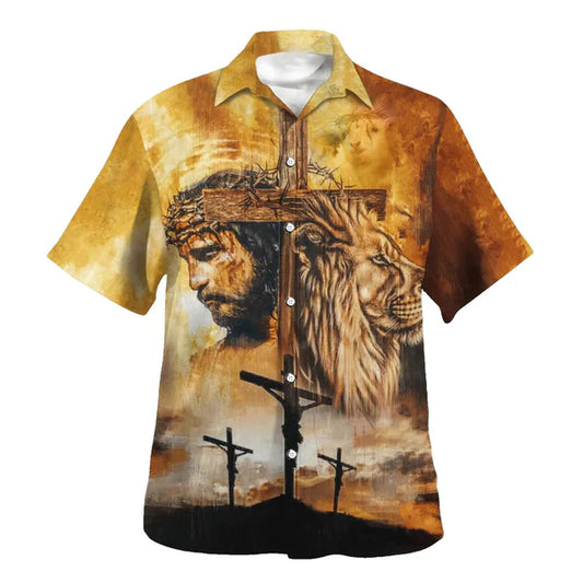 UniJames Jesus And Lion Hawaiian Shirts For Men - Christian Hawaiian Shirt - Hawaiian Summer Shirts