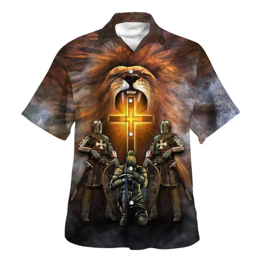 UniJames Jesus Is My Savior A Child Of God A Man Of Faith A Warrior Of Christ Lion Cross Hawaiian Shirt - Christian Hawaiian Shirt - Religious Hawaiian Shirts