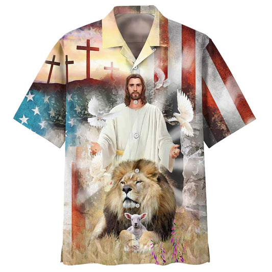 UniJames Jesus Lion And The Lamb Cross Hawaiian Shirts - Christian Hawaiian Shirt - Hawaiian Shirts For Men