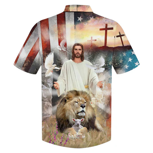 UniJames Jesus Lion And The Lamb Cross Hawaiian Shirts - Christian Hawaiian Shirt - Hawaiian Shirts For Men