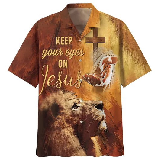 UniJames Keep Our Eyes On Jesus Hawaiian Shirt For Men - Hand Of Jesus Lion Hawaiian Shirts - Christian Hawaiian Shirt