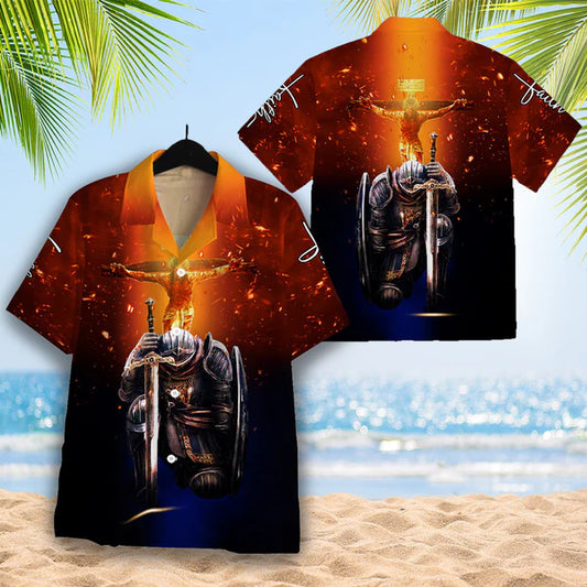 UniJames Kneeling Knight Faith Jesus Cross Hawaiian Shirt - Christian Hawaiian Shirt for Men Women