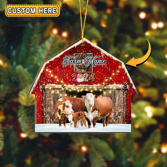 Uni Hereford Cattle Christmas Gift Red Barn Custom Shape Acrylic Ornament