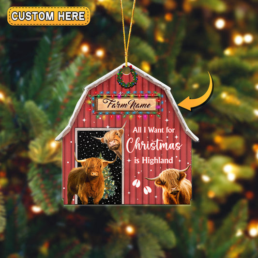 Uni Highland Cattle Christmas Gift Red Barn Custom Shape Acrylic Ornament