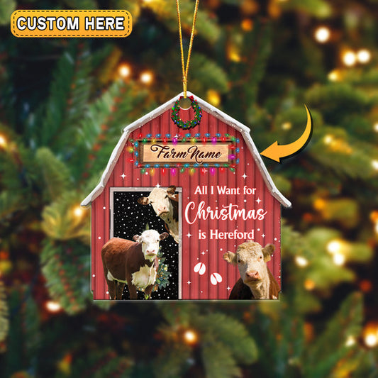 Uni Hereford Cattle Christmas Gift Red Barn Custom Shape Acrylic Ornament