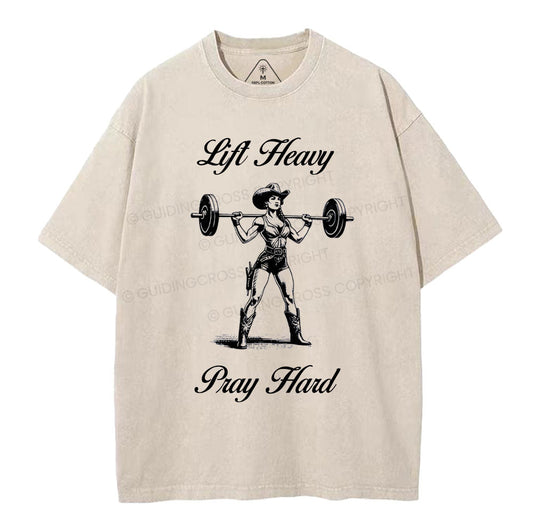 Lift Heavy Pray Hard Christian Washed T-Shirt Sale - GuidingCross
