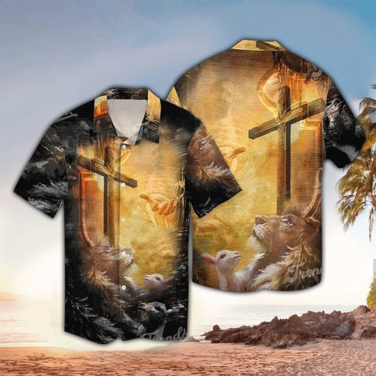 UniJames Lion Jesus Cross Sunrise Christianity Hawaiian Shirt - Christian Hawaiian Shirts For Men & Women