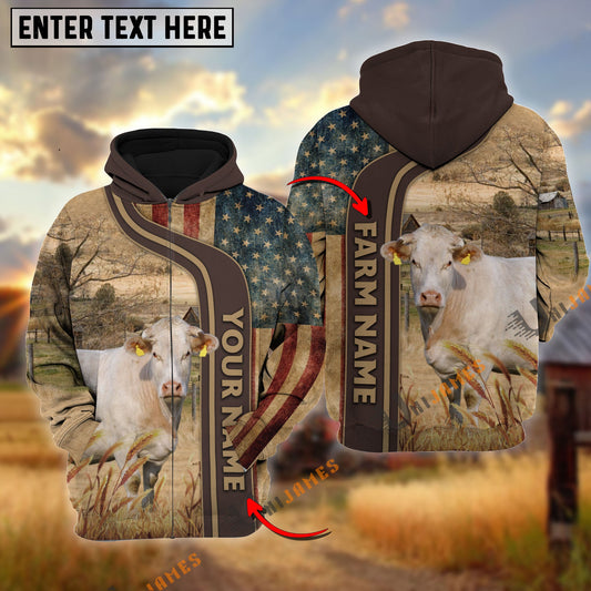 Uni Personalized Name, Farm Name Charolais US Flag Hoodie