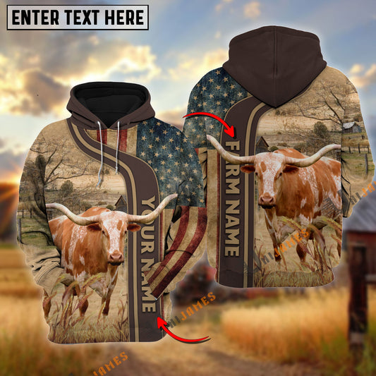 Uni Personalized Name, Farm Name Texas Longhorn US Flag Hoodie