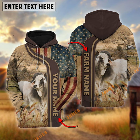 Uni Personalized Name, Farm Name Brahman US Flag Hoodie