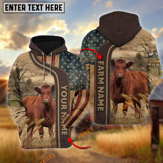 Uni Personalized Name, Farm Name Red Angus US Flag Hoodie