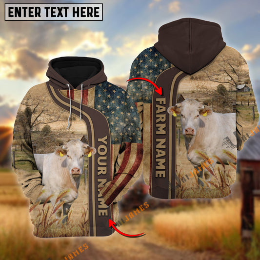 Uni Personalized Name, Farm Name Charolais US Flag Hoodie