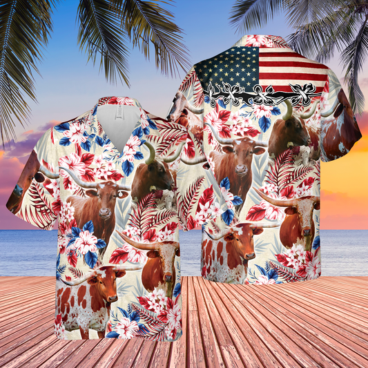 Unique Longhorn Cattle American Flag Flowers Hawaiian Shirt