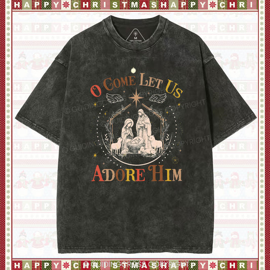 O Come Let Us Adore Him Christian Christmas washed TShirt