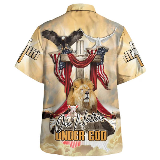 UniJames One Nation Under God America Flag Lion And The Lamb Jesus Hawaiian Shirt - Best Hawaiian Shirts - Christian Hawaiian Shirt