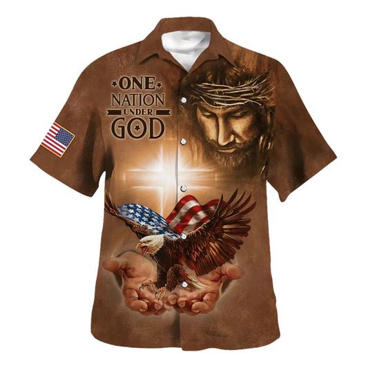 UniJames One Nation Under God Jesus Holy In Hand Eagle Hawaiian Shirts - Christian Hawaiian Shirt - Jesus Hawaiian Shirts
