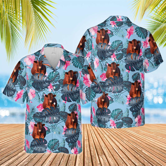 Unique Red Angus Blue Hibiscus Hawaiian Shirt