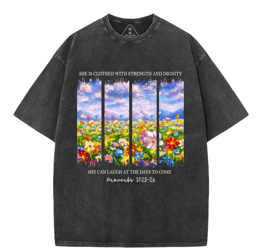 She Is Clothed With Strength And Dignity Christian Washed T-Shirt Sale - GuidingCross