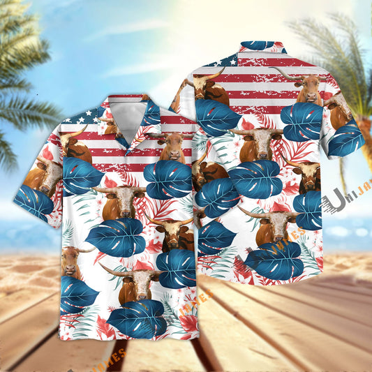 Uni Texas Longhorn US Flag Flower Hawaiian Shirt