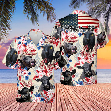 Unique Black Angus American Flag Flowers Hawaiian Shirt