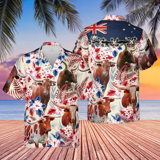 Unique Longhorn Cattle Australia Flag Hawaiian Flowers Hawaiian Shirt