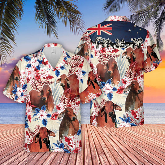 Unique Red Brahman Cattle Australia Flag Hawaiian Flowers Hawaiian Shirt