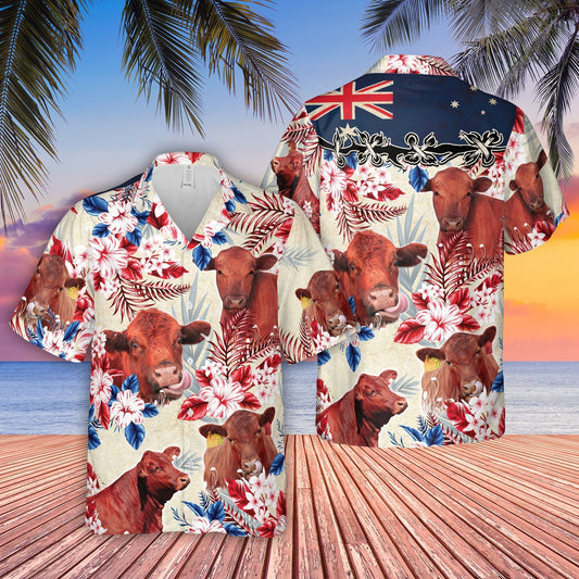 Unique Red Angus Cattle Australia Flag Hawaiian Flowers Hawaiian Shirt