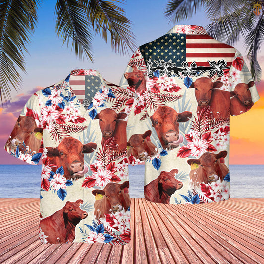 Unique Red Angus Cattle American Flag Flowers Hawaiian Shirt