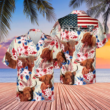 Unique Highland Cattle American Flag Flowers Hawaiian Shirt