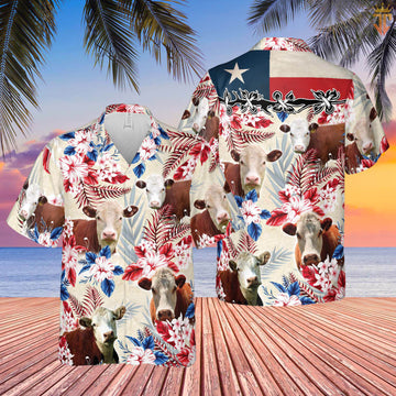 Unique Hereford Cattle Texas Flag Flowers Hawaiian Shirt