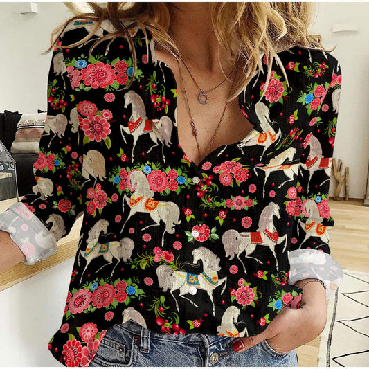 Unique Floral Pattern Horses Black Casual Shirt