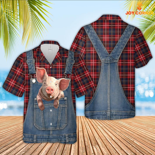 Unique Pig Red Plaid Pattern 3D Shirts