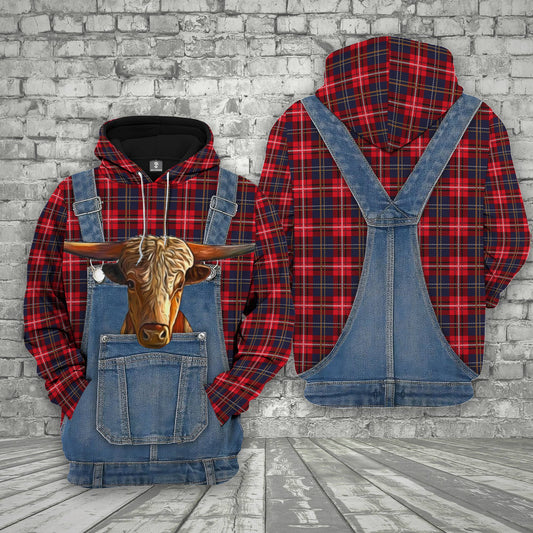Unique Texas Longhorn Red Plaid Pattern 3D Shirts