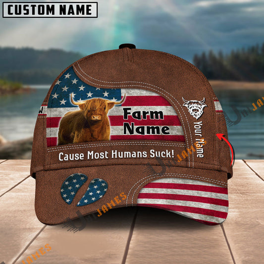 Uni Highland US Flag Customized Name And Farm Name Cap