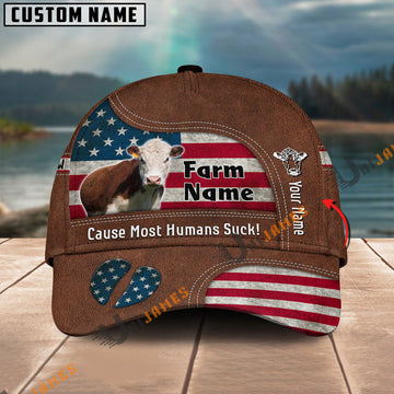 Uni Hereford US Flag Customized Name And Farm Name Cap