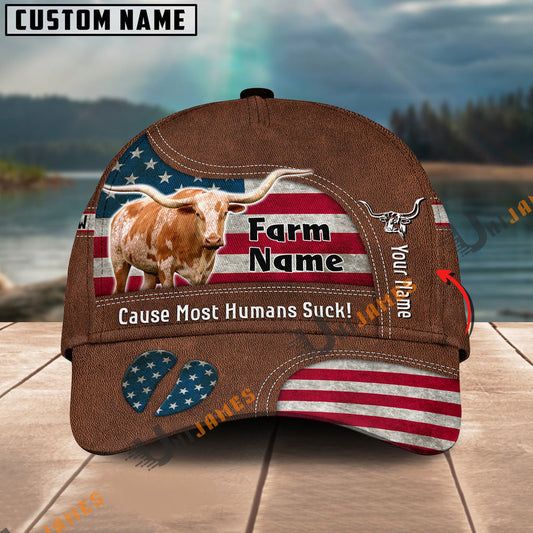 Uni Texas Longhorn US Flag Customized Name And Farm Name Cap