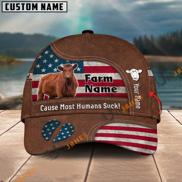 Uni Red Angus US Flag Customized Name And Farm Name Cap