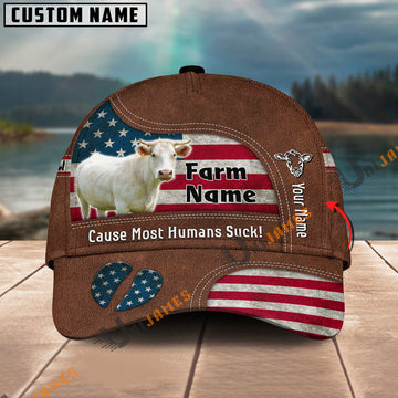Uni Charolais US Flag Customized Name And Farm Name Cap