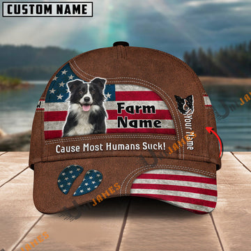 Uni Border Collie US Flag Customized Name And Farm Name Cap