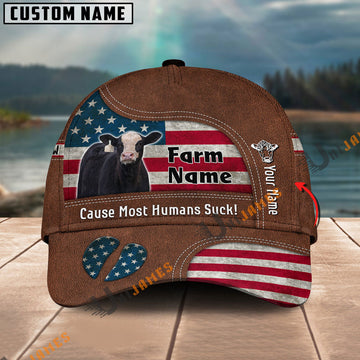 Uni Black Hereford US Flag Customized Name And Farm Name Cap