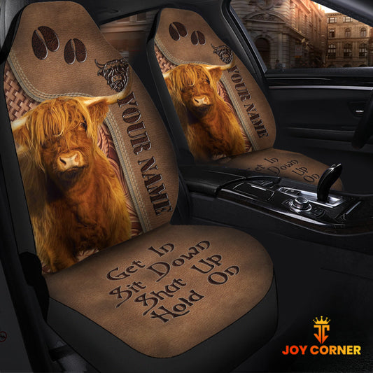 Uni Highland Cattle Leather Carving Customized Name Car Seat Cover Set