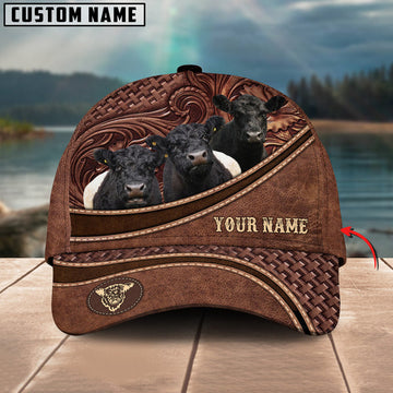 Uni Belted Galloway Personalized Name Brown Carving Leather Pattern 3D Classic Cap