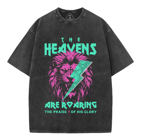 The Heavens Are Roaring Lion Christian Washed T-Shirt Sale - GuidingCross