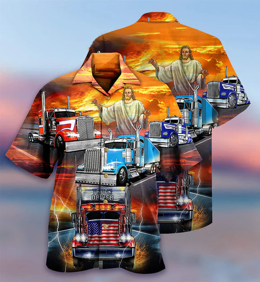 UniJames Truck Driver Jesus Bless In The Sunset Hawaiian Shirt - Christian Hawaiian Shirts For Men & Women