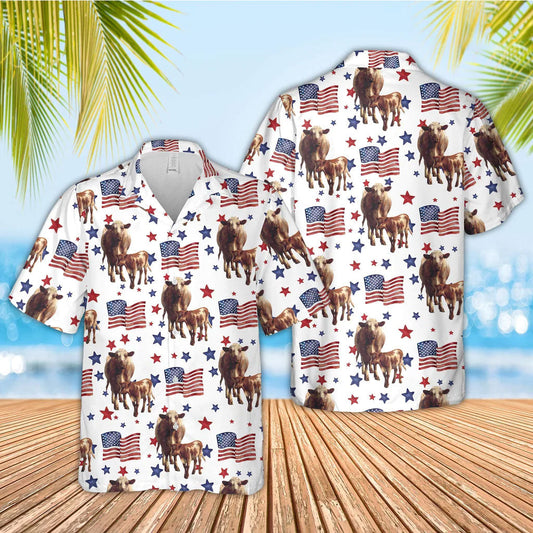Unique Shorthorn American Flag Pattern Hawaiian Shirt