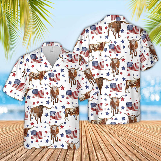 Unique TX Longhorn American Flag Pattern Hawaiian Shirt