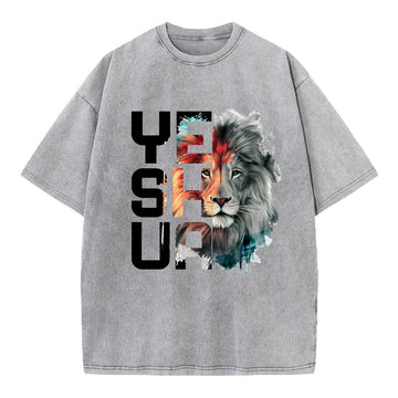 Watercolor Lion And Yeshua Christian Washed T-Shirt Sale - GuidingCross