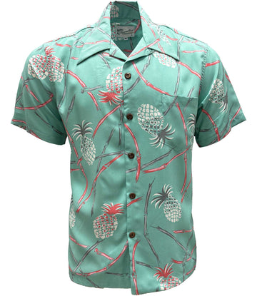 UniJames Retro Pineapple Bamboo - Sea Foam Short Sleeve Hawaiian Shirt
